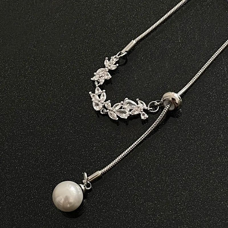 Lovcia Modern Day Zircon Pearl Tassel Necklace for Women-Necklaces-Pull Necklace-Pull Necklace
