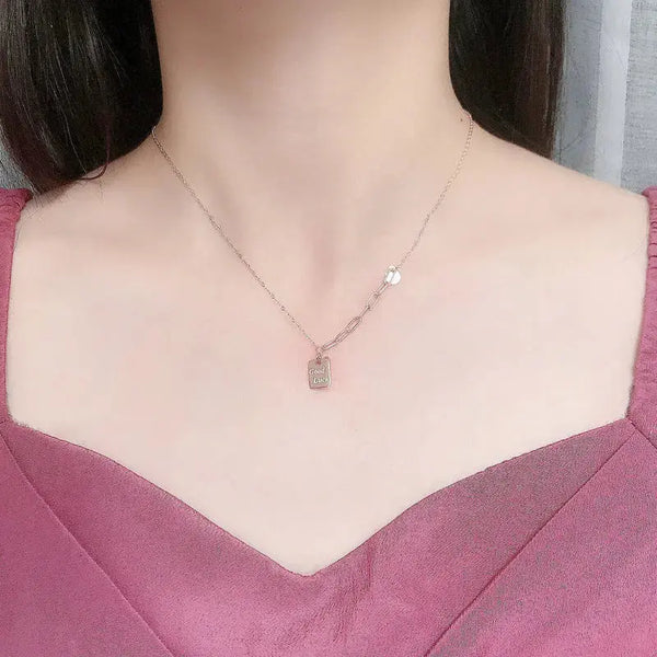 LOVCIA Modern Good Luck Letters Square Tag 925 Sterling Silver Necklace