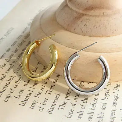 Lovcia Modern Letter C Shape New 925 Sterling Silver Hoop Earrings-Earrings-Rhodium-Rhodium