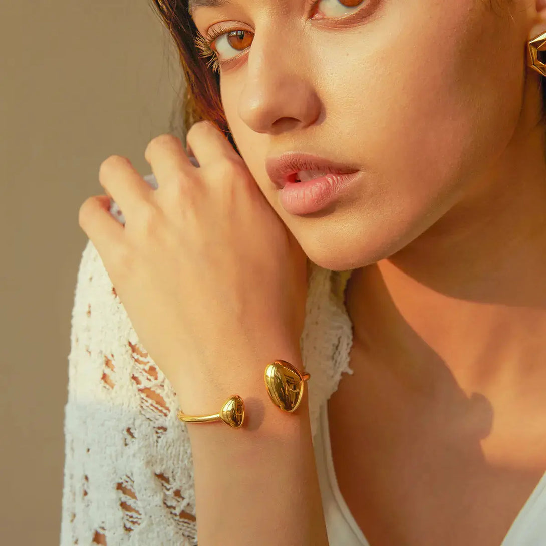 Lovcia Modern Oval End Design 18K Gold Plated Stainless Steel Open Cuff Bangle Bracelet for Women-Bracelets-Gold-Gold