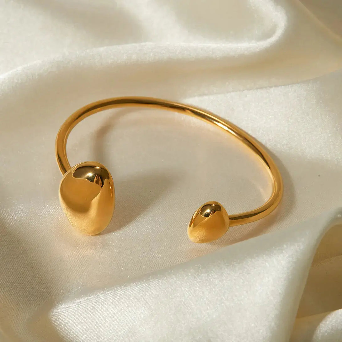 Lovcia Modern Oval End Design 18K Gold Plated Stainless Steel Open Cuff Bangle Bracelet for Women-Bracelets-Gold-Gold