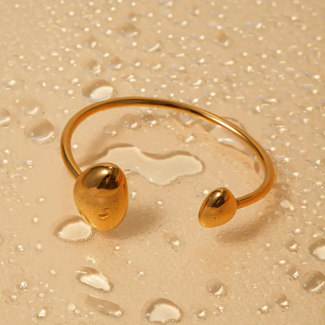 Lovcia Modern Oval End Design 18K Gold Plated Stainless Steel Open Cuff Bangle Bracelet for Women-Bracelets-Gold-Gold