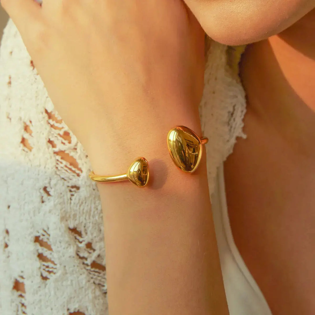 Lovcia Modern Oval End Design 18K Gold Plated Stainless Steel Open Cuff Bangle Bracelet for Women-Bracelets-Gold-Gold