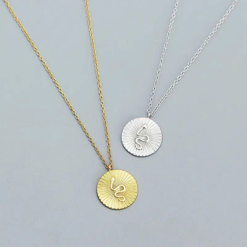 Lovcia Modern Snake Animal Round Coin 925 Sterling Silver Necklace-Necklaces-Rhodium-Rhodium