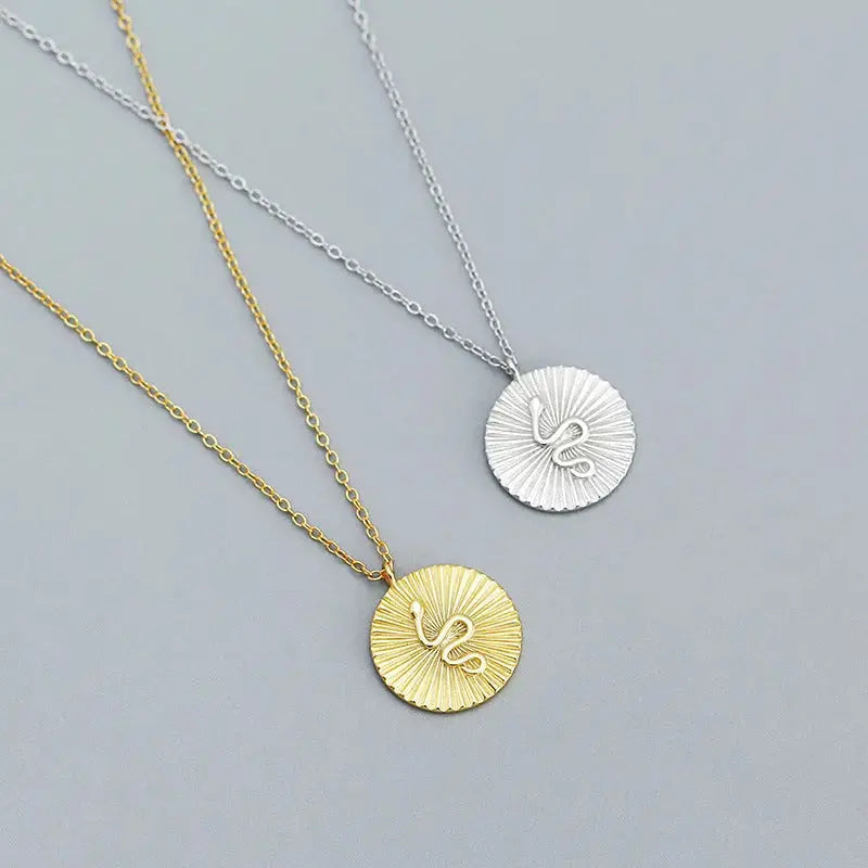 Lovcia Modern Snake Animal Round Coin 925 Sterling Silver Necklace-Necklaces-Rhodium-Rhodium