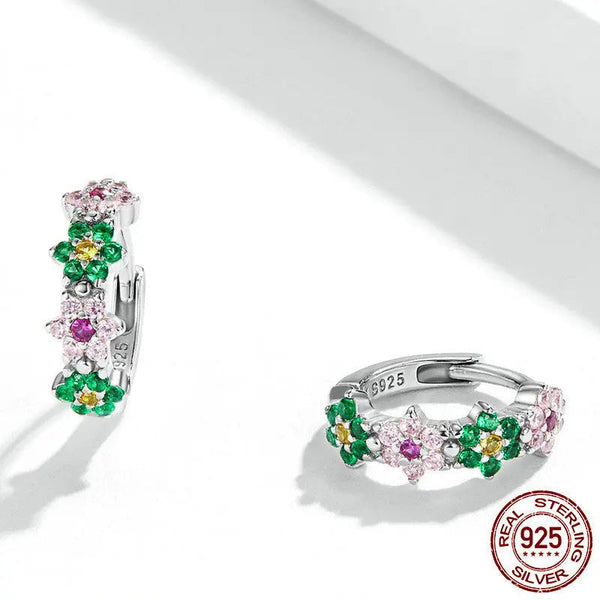 Lovcia Modern Style S925 Sterling Silver Zircon Flower Huggie Earrings for Women-Earrings-SCE1320-925 Silver-SCE1320