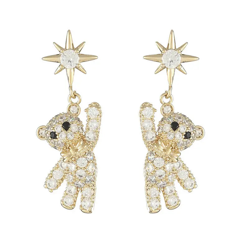 Lovcia Modern Style Star-Shaped Silver Bear Stud Earrings with Gold-Plated Gemstones-Earrings-Gold-Silver Post-Gold