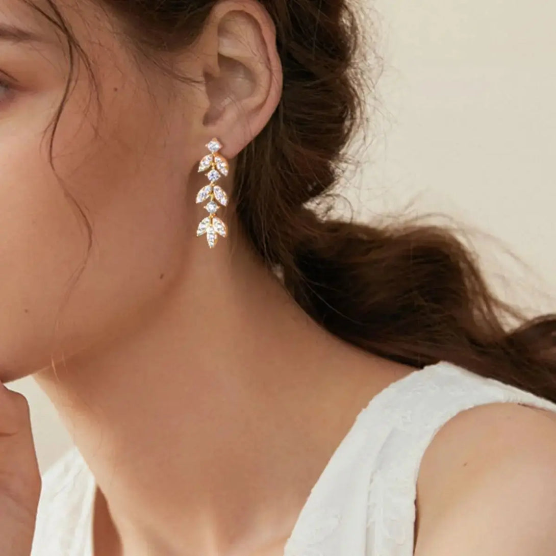Lovcia Moissanite Leaf Drop Earrings in Platinum-Plated Sterling Silver for Women-Earrings-Gold-One Size-Gold