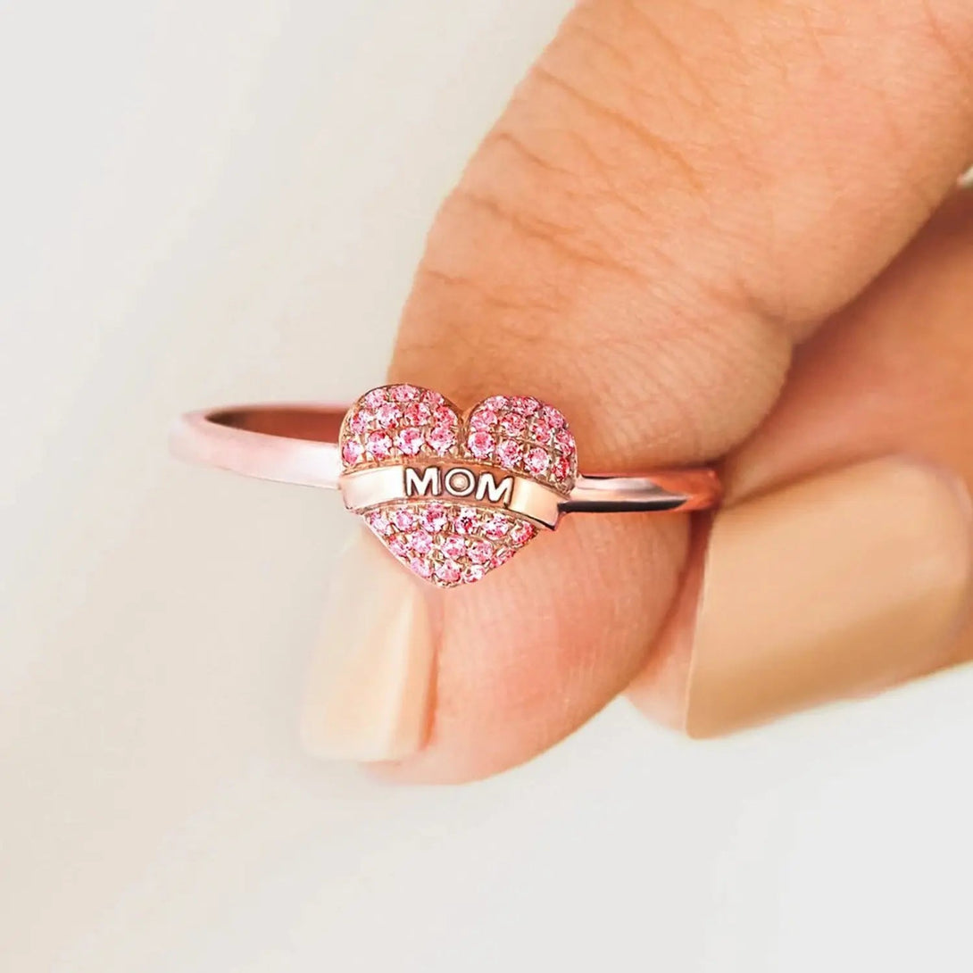 Lovcia MOM Heart Shape 925 Sterling Silver Engraved Ring-Rings-Rose Gold-6-Rose Gold