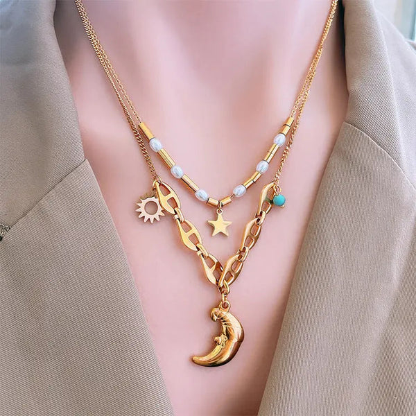Lovcia Moon Light Clavicle Chain Pearl Double-layer Pendant Necklace for Women-Necklaces-Gold-Gold