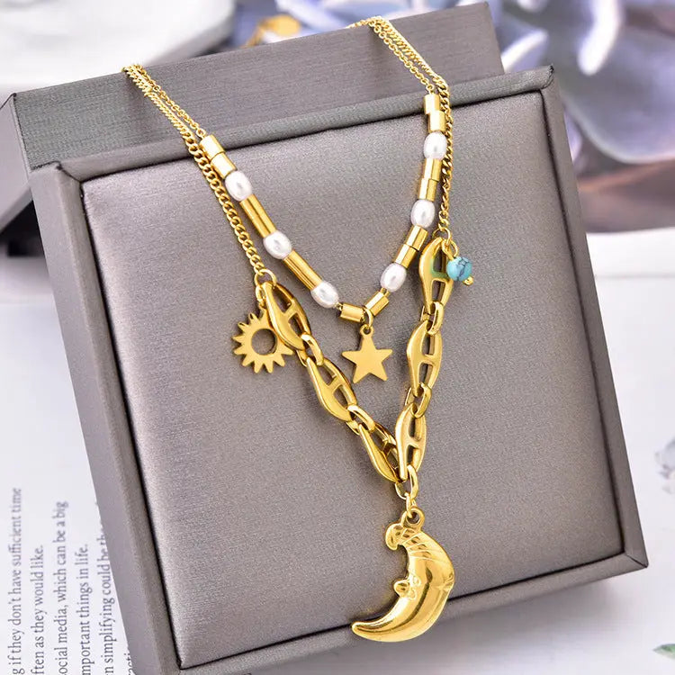 Lovcia Moon Light Clavicle Chain Pearl Double-layer Pendant Necklace for Women-Necklaces-Gold-Gold