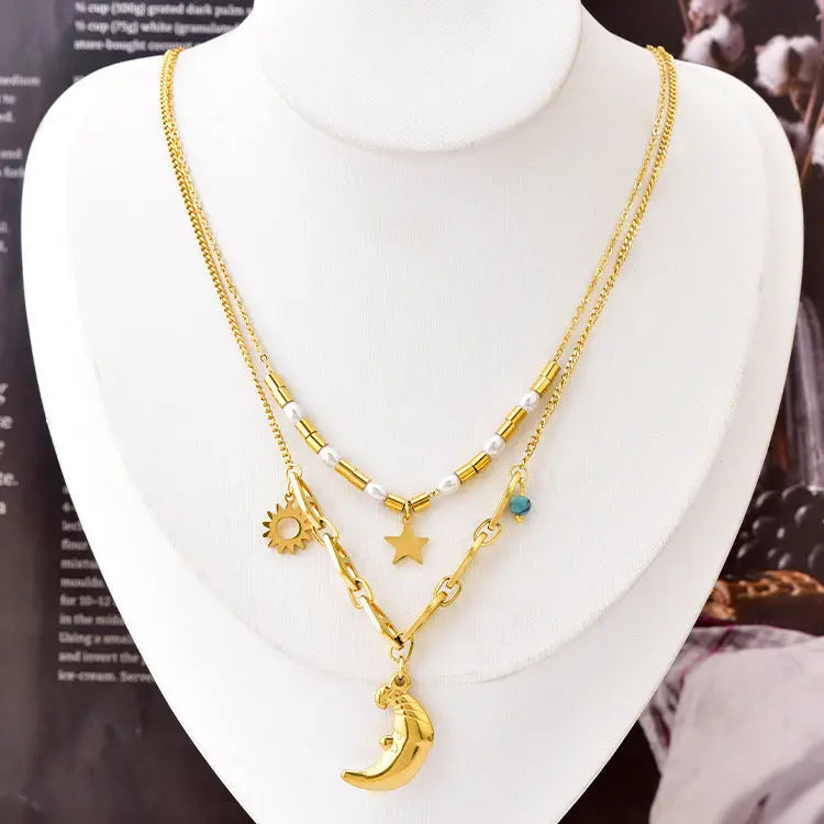Lovcia Moon Light Clavicle Chain Pearl Double-layer Pendant Necklace for Women-Necklaces-Gold-Gold