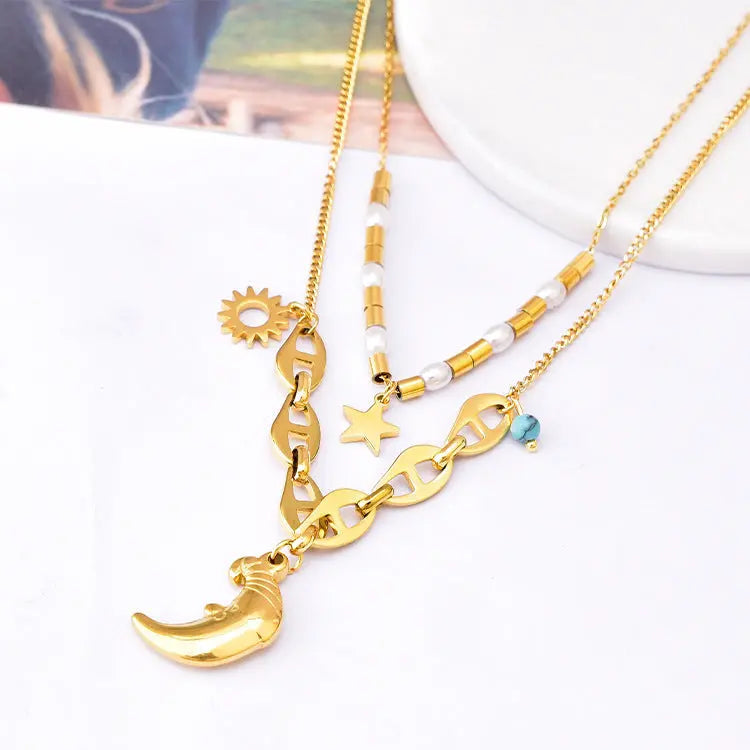Lovcia Moon Light Clavicle Chain Pearl Double-layer Pendant Necklace for Women-Necklaces-Gold-Gold