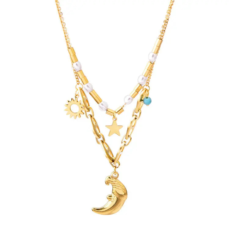 Lovcia Moon Light Clavicle Chain Pearl Double-layer Pendant Necklace for Women-Necklaces-Gold-Gold