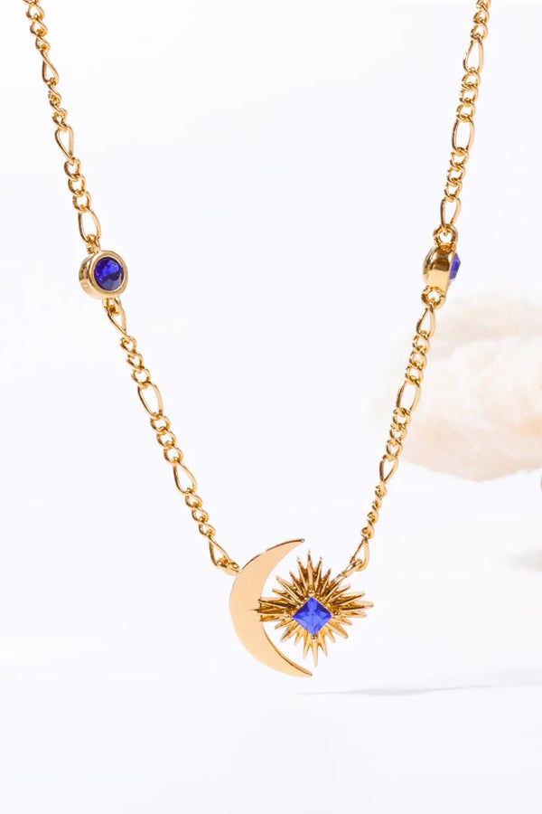 Lovcia Moon & Star Shape Zircon Pendant Necklace-Necklaces-Gold-One Size-Gold