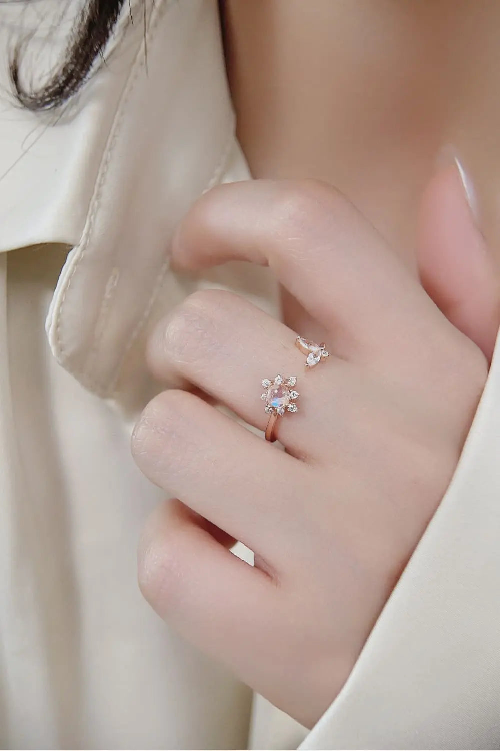 Lovcia Moonstone 18K Rose Gold-Plated Open Ring-Rings-Rose Gold-One Size-Rose Gold