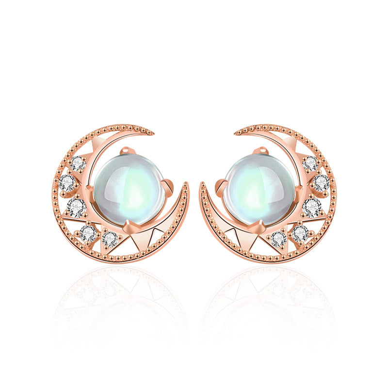 Lovcia Moonstone and Star CZ Crescent Moon Sterling Silver Earrings for Women-Earrings-Champagne Gold-Champagne Gold
