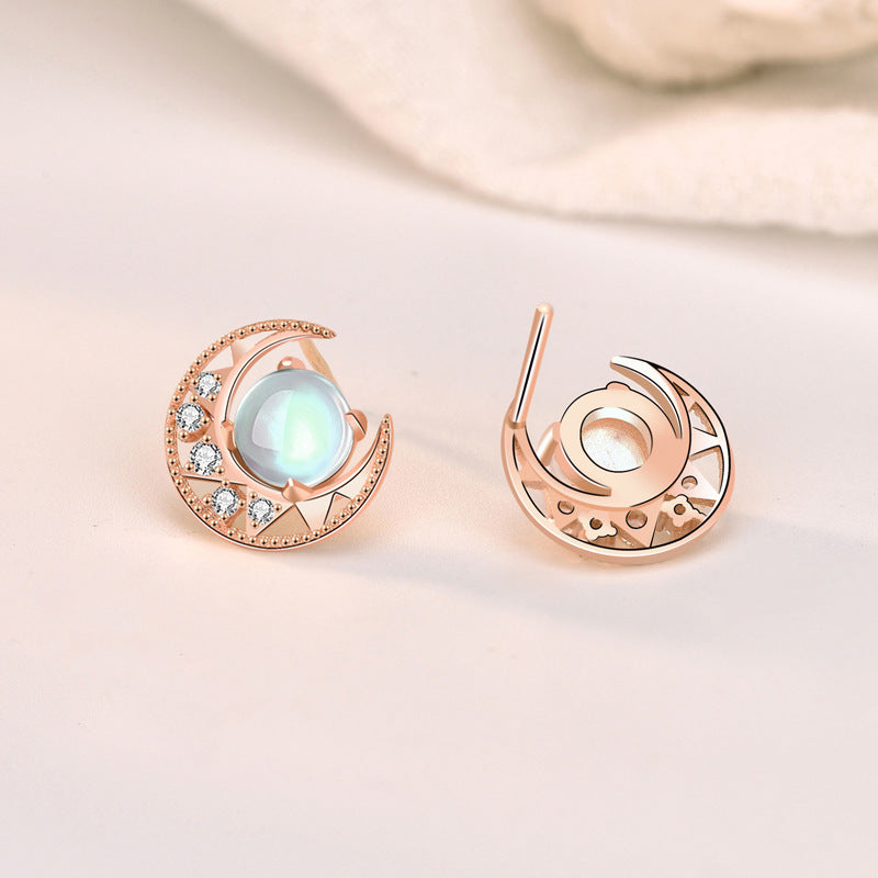 Lovcia Moonstone and Star CZ Crescent Moon Sterling Silver Earrings for Women-Earrings-Champagne Gold-Champagne Gold