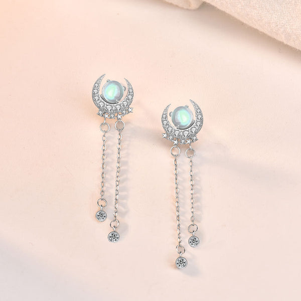 Lovcia Moonstone & CZ Crescent Moon Star Sterling Silver Dangle Earrings for Women-Earrings-Silver-Silver
