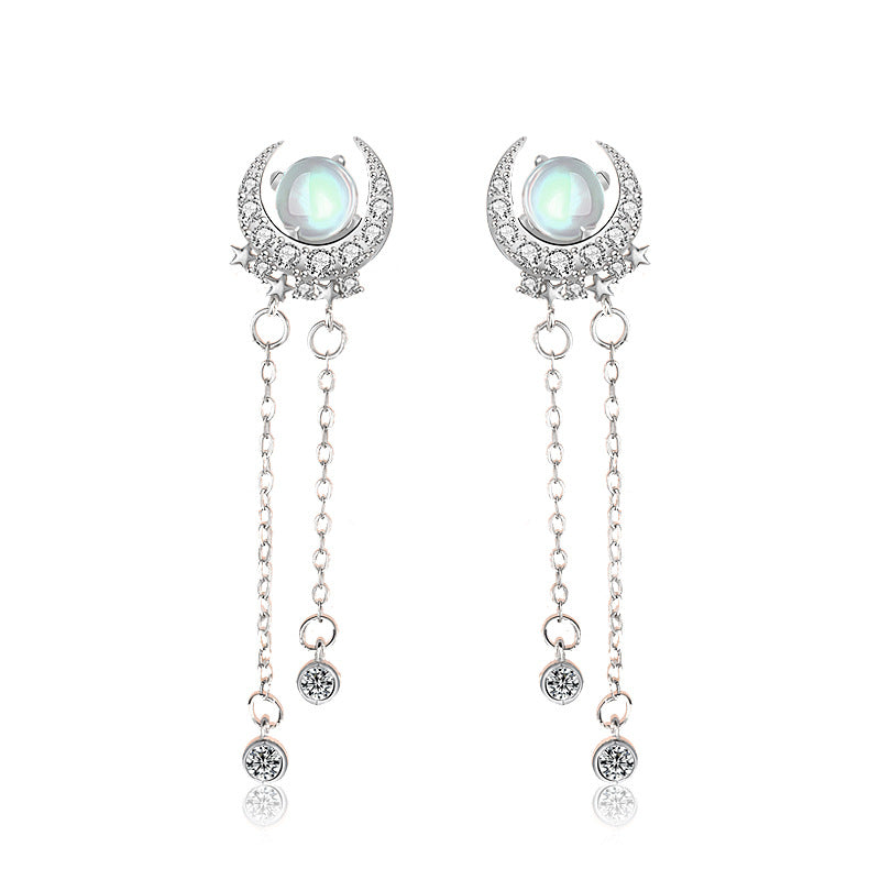 Lovcia Moonstone & CZ Crescent Moon Star Sterling Silver Dangle Earrings for Women-Earrings-Silver-Silver