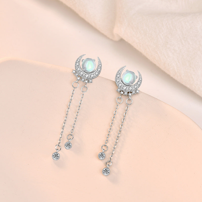 Lovcia Moonstone & CZ Crescent Moon Star Sterling Silver Dangle Earrings for Women-Earrings-Silver-Silver