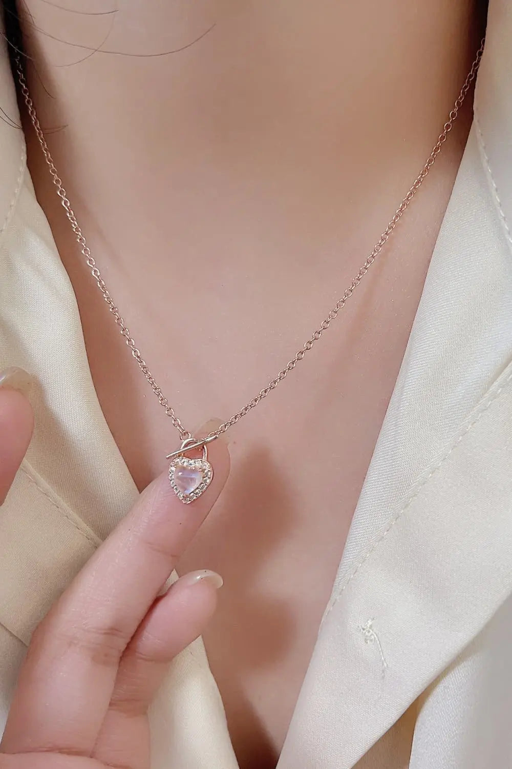 Lovcia Moonstone Heart Lock Pendant Necklace-Necklaces-Rose Gold-One Size-Rose Gold