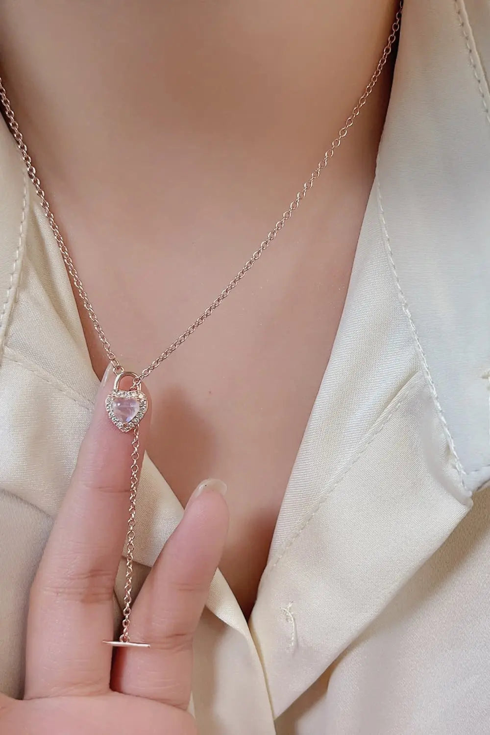 Lovcia Moonstone Heart Lock Pendant Necklace-Necklaces-Silver-One Size-Silver