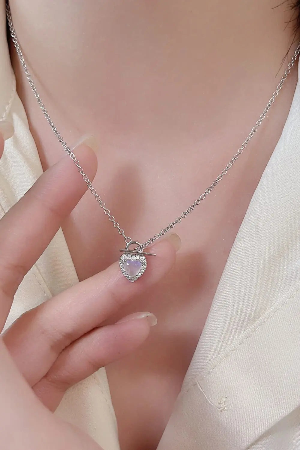 Lovcia Moonstone Heart Lock Pendant Necklace-Necklaces-Silver-One Size-Silver