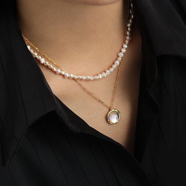 Lovcia Moonstone Necklace 16mm 925 Sterling Silver-Necklaces-Yellow Gold-Yellow Gold