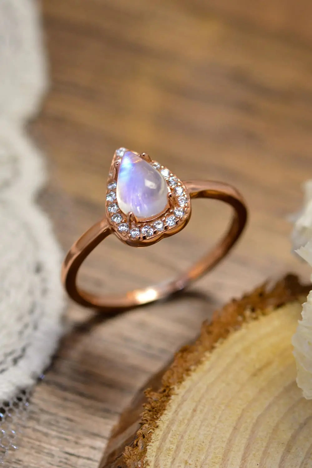 Lovcia Moonstone Teardrop 925 Sterling Silver Halo Ring-Rings-Rose Gold-6-Rose Gold