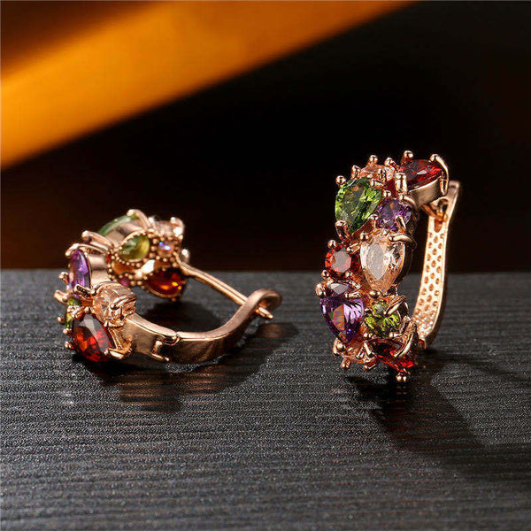 Lovcia Multi-Colored Vibrant Zirconia Encrusted Rose Gold Hoop Earrings for Women-Earrings-Rose Gold-Rose Gold