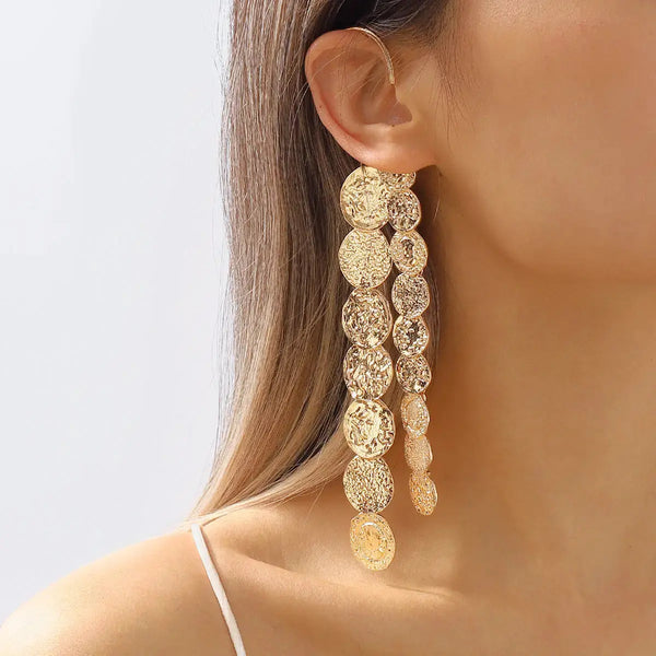 Lovcia Multi-Layer Hammered Coin Shape Drop Earrings-Earrings-Gold-Gold
