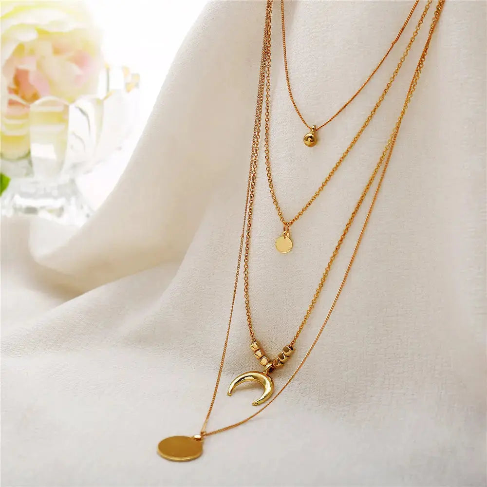 Lovcia Multi-layer Moon Pendant Necklaces for Women Bohemian Wafer Elegant Necklace-Necklaces-3cricle bundle-3cricle bundle