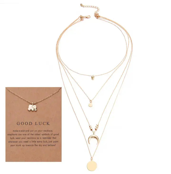 Lovcia Multi-layer Moon Pendant Necklaces for Women Bohemian Wafer Elegant Necklace-Necklaces-Elephant bundle-Elephant bundle