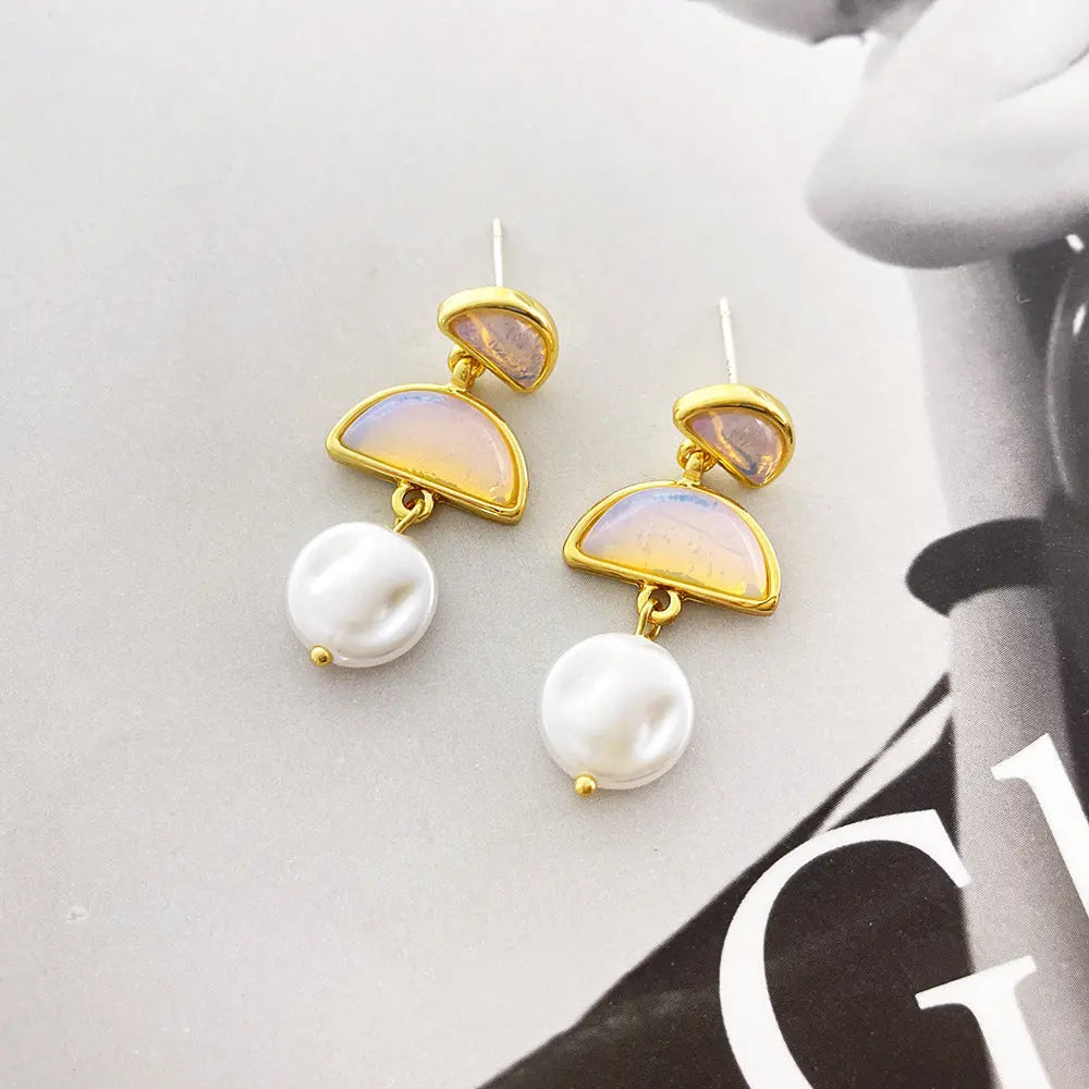 Lovcia Multi-Layer Semicircle Natural Stone 925 Silver Geometric Earrings for Women-Earrings-Earrings-Earrings