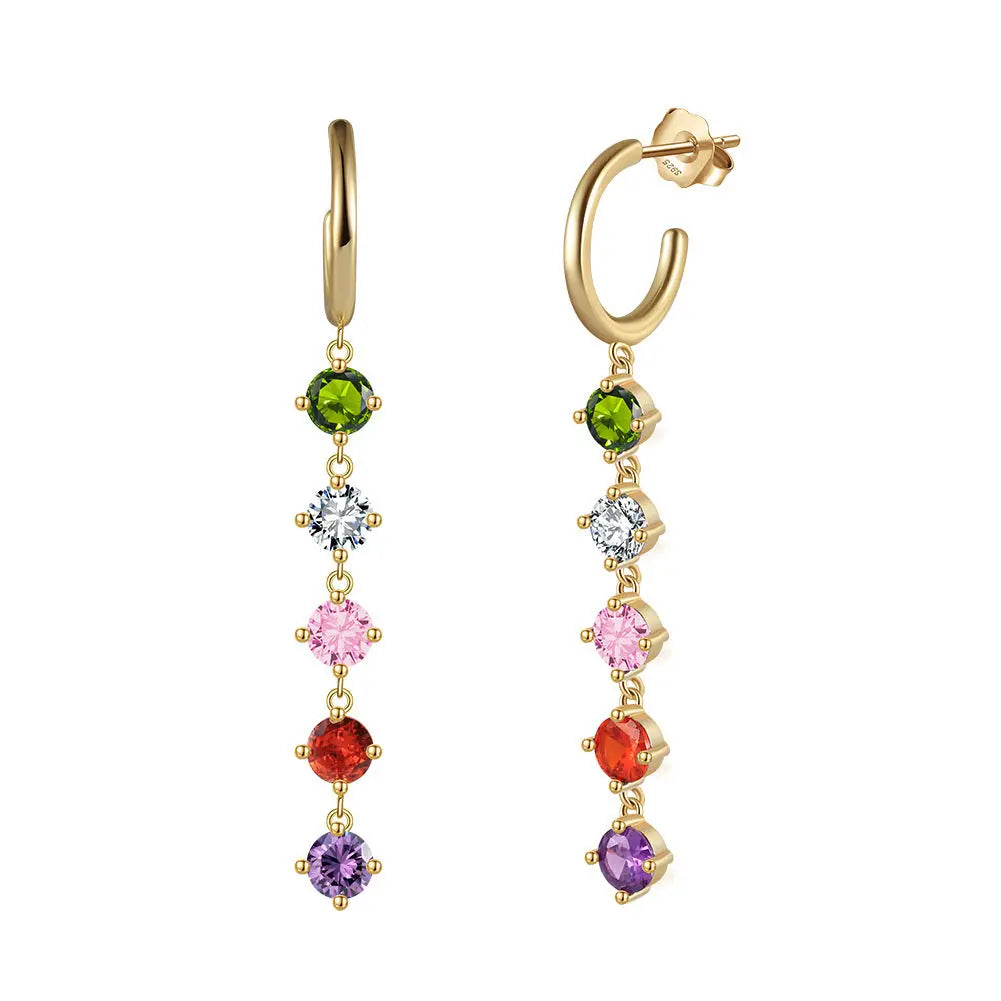 Lovcia Multicolor Gemstone Cascade Sterling Silver Hoop Earrings for Women-Earrings-Electric K Gold 633G-Electric K Gold 633G