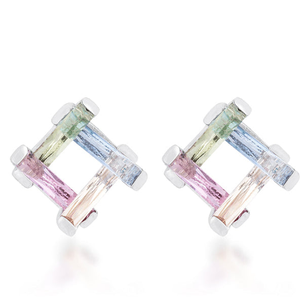 Lovcia Multicolor Gemstone Radiant-Cut Rhodium Stud Earrings - 10ct-Earrings-