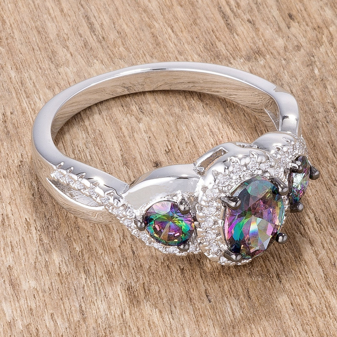 Lovcia Mystic & Clear CZ Three Stone Ring with 1.43Ct Rhodium & Hematite Plating and Twisted Shank-Rings-5-5
