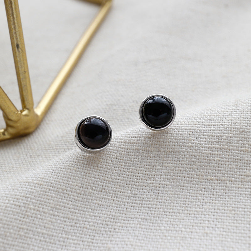 Lovcia Natural Agate 925 Sterling Silver Round Stud Earrings for Women-Earrings-Rhodium-Rhodium
