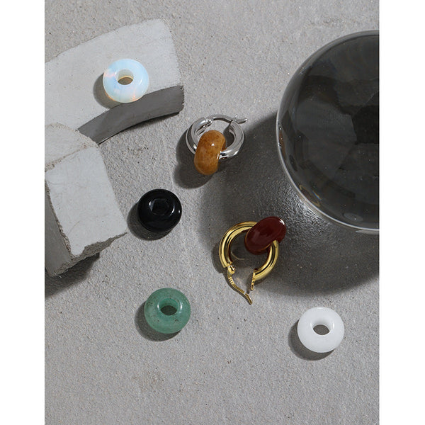 Lovcia Natural Agate/Topaz/Aventurine Quartz/Opal 925 Sterling Silver Huggie Hoop Earring for Women (Single)-Earrings-Rhodium (Single Earring - Not pair)-Rhodium (Single Earring - Not pair)