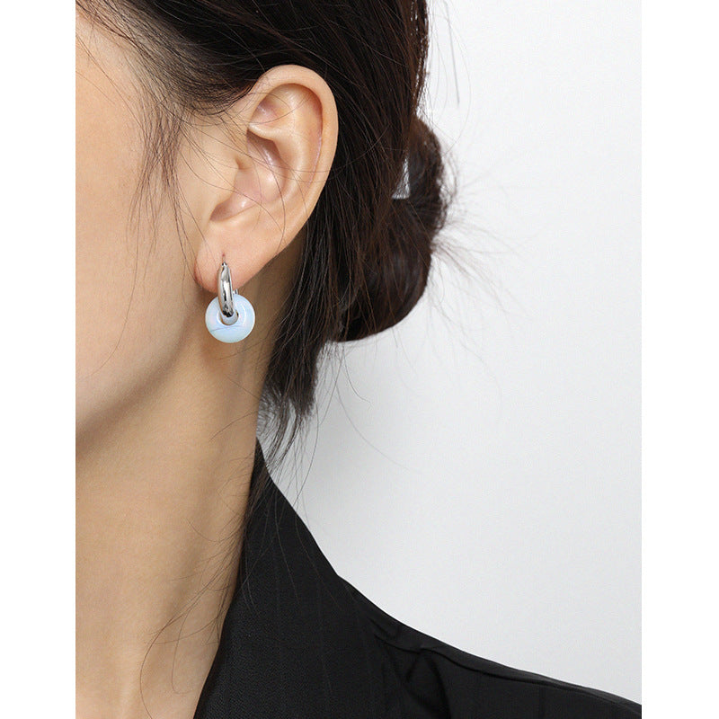 Lovcia Natural Agate/Topaz/Aventurine Quartz/Opal 925 Sterling Silver Huggie Hoop Earring for Women (Single)-Earrings-Rhodium (Single Earring - Not pair)-Rhodium (Single Earring - Not pair)