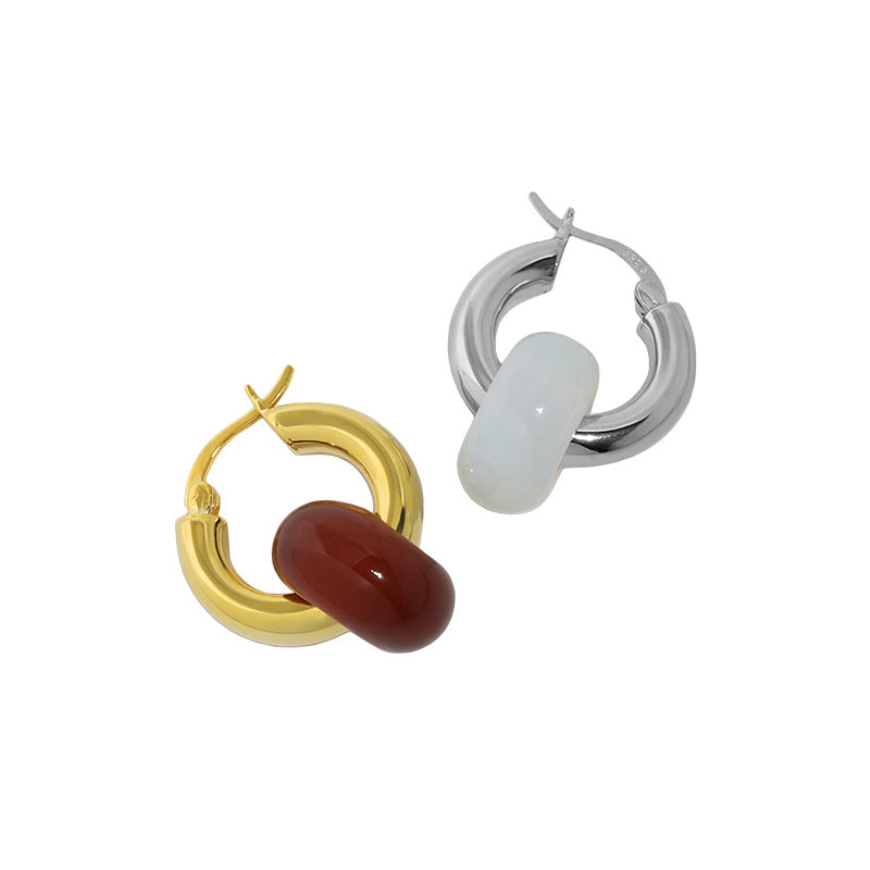 Lovcia Natural Agate/Topaz/Aventurine Quartz/Opal 925 Sterling Silver Huggie Hoop Earring for Women (Single)-Earrings-Rhodium (Single Earring - Not pair)-Rhodium (Single Earring - Not pair)