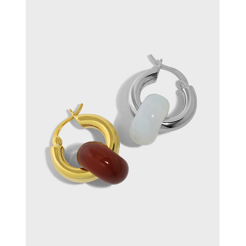 Lovcia Natural Agate/Topaz/Aventurine Quartz/Opal 925 Sterling Silver Huggie Hoop Earring for Women (Single)-Earrings-Rhodium (Single Earring - Not pair)-Rhodium (Single Earring - Not pair)
