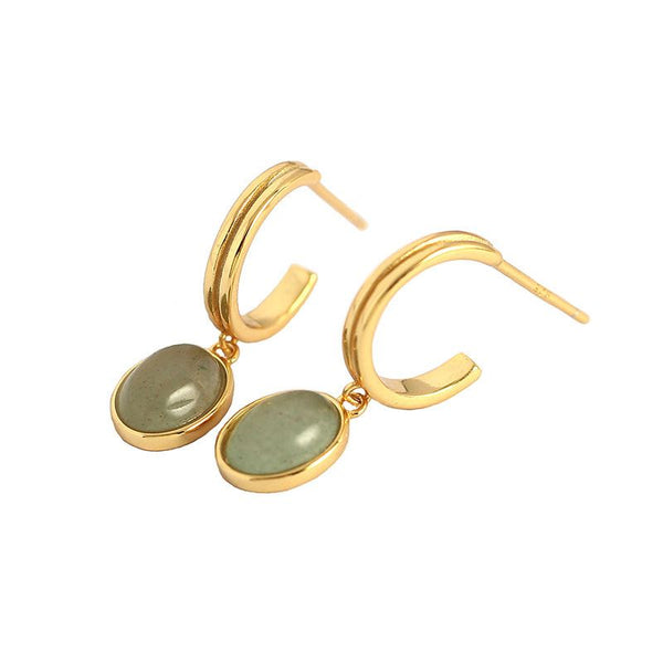 Lovcia Natural Green Aventurine Hoop Earrings 23mm 925-Earrings-Yellow Gold-Yellow Gold