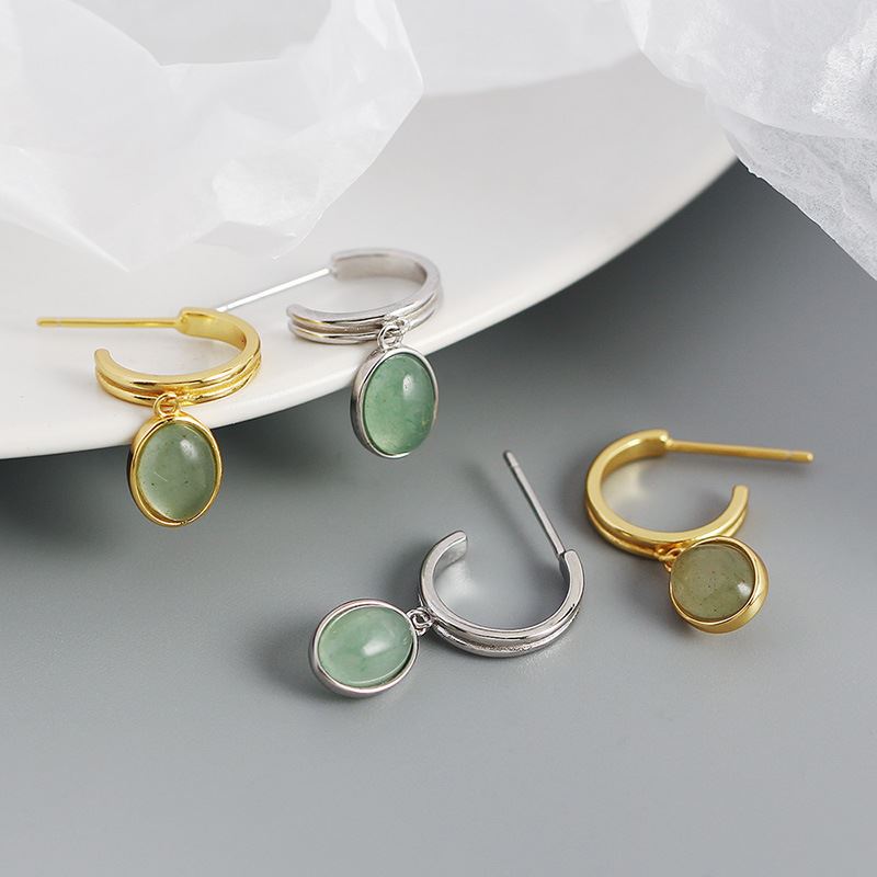 Lovcia Natural Green Aventurine Hoop Earrings 23mm 925-Earrings-Yellow Gold-Yellow Gold