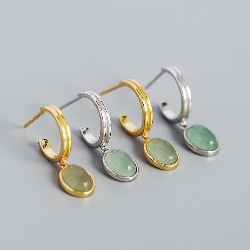 Lovcia Natural Green Aventurine Hoop Earrings 23mm 925-Earrings-Yellow Gold-Yellow Gold