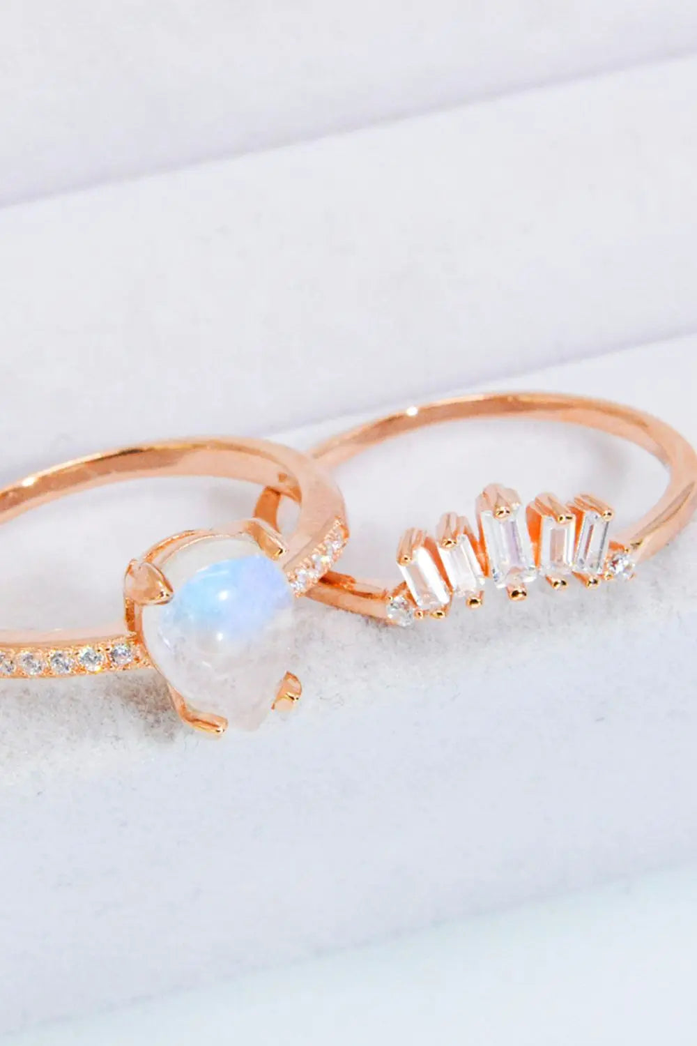 Lovcia Natural Moonstone and Zircon 18K Rose Gold-Plated Two-Piece Ring Set-Rings-Rose Gold-6-Rose Gold