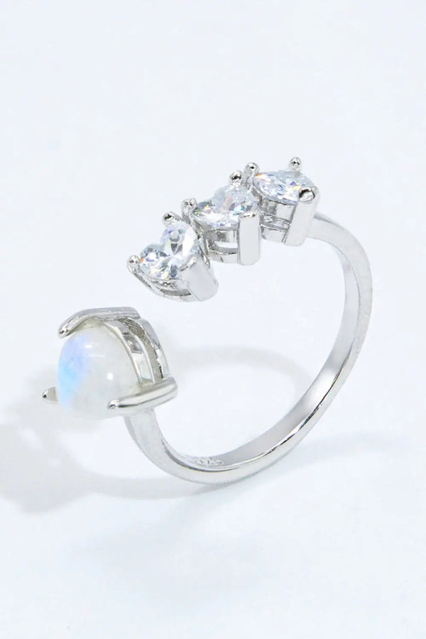 Lovcia Natural Moonstone and Zircon Heart Open Ring-Rings-Silver-One Size-Silver