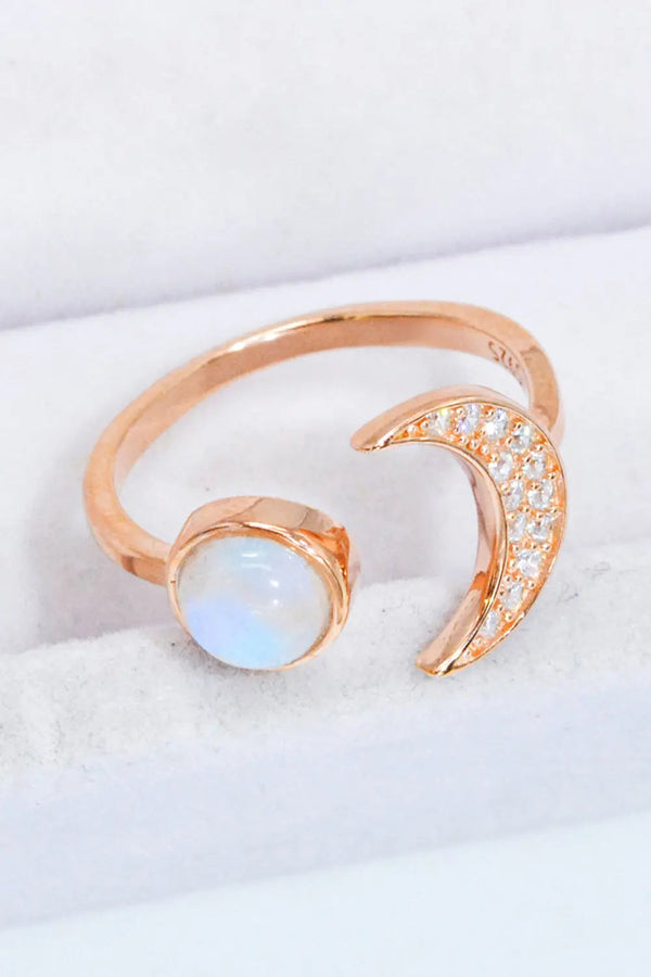 Lovcia Natural Moonstone and Zircon Sun & Moon Open Ring-Rings-Rose Gold-One Size-Rose Gold