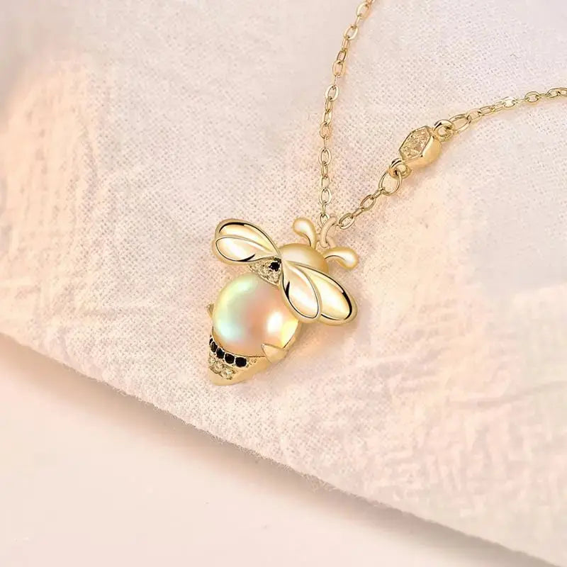 Lovcia Natural Moonstone Honey Bee CZ Cute 925 Sterling Silver Necklace-Necklaces-